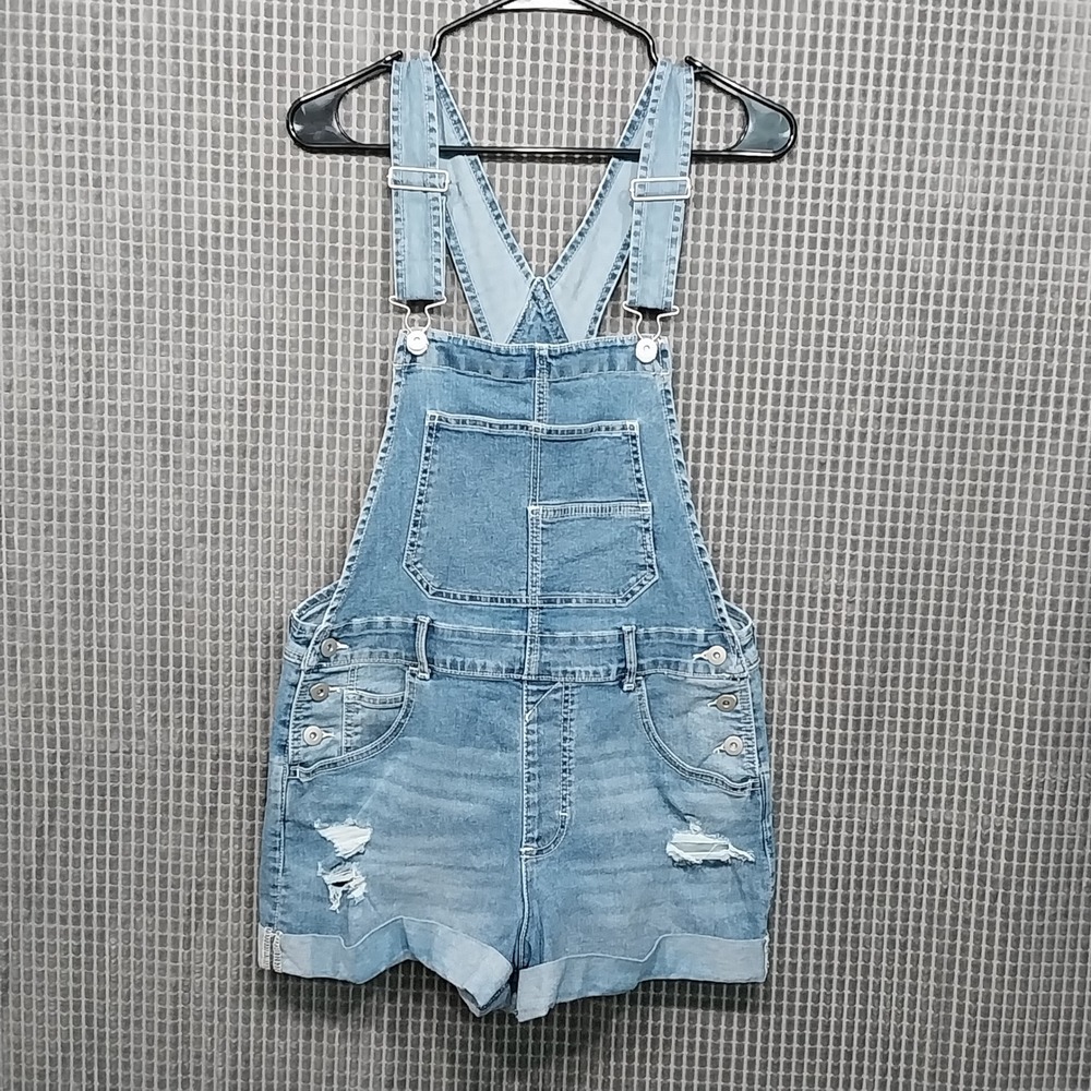 No Boundaries Womens Denim Shortalls Distressed Cuffed Blue Size M 7-9